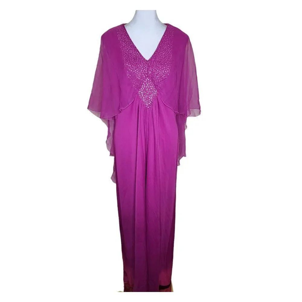 Vintage 70s Lily Lynn Maxi Kaftan Dress Womens Size L Purple Sheer Capelet